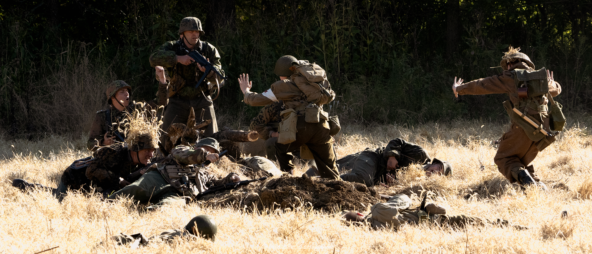 "U.S. soldier in a moment of surrender during World War II, displaying a look of resignation and vulnerability. Dressed in standard military uniform, the soldier raises his hands, signaling defeat amid a war-torn backdrop. The scene captures the emotional weight of surrender, reflecting the realities faced by troops in intense combat situations. This poignant image highlights the themes of sacrifice and the harsh truths of warfare, providing a stark reminder of the human cost of conflict."